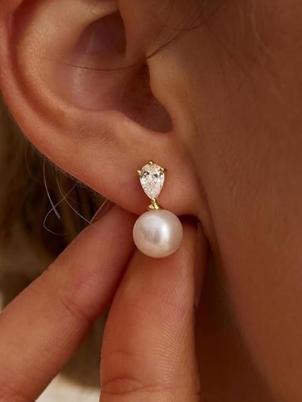 Anthropologie Gold Tone Pearl Drop Earrings with Clear Teardrop Crystal
